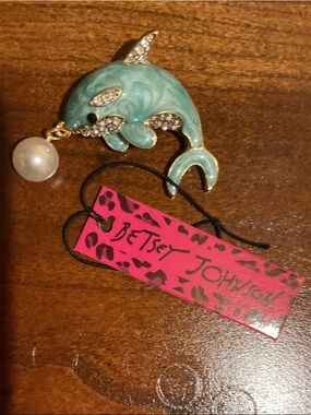 Betsey Johnson Aqua Enamel Dolphin Brooch with Faux Pearl